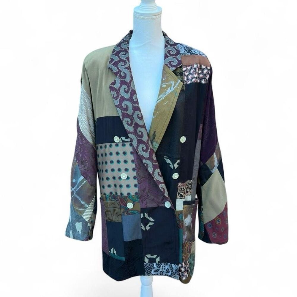 Donna Jessica Patchwork Blazer Jacket Womens Size 1 Silk Blend Artwear Boho VTG